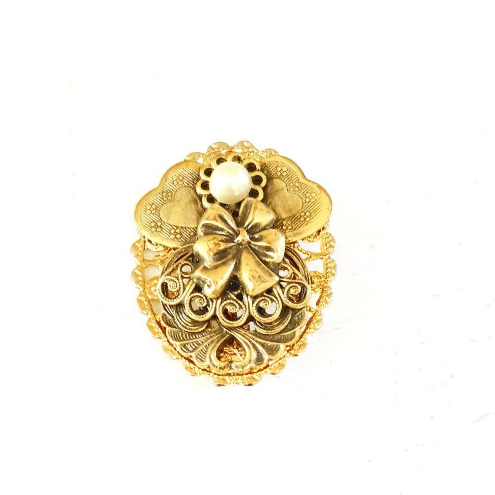 Vintage 1998 Jane Angel Brooch Women's Gold Ornate Filigree Pearl Pin Jewelry